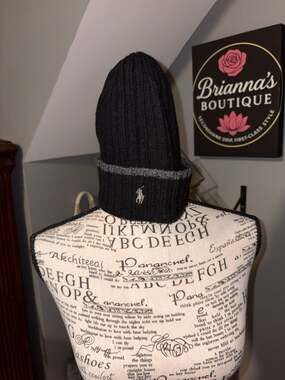 Polo Ralph Lauren Black Ribbed Knit Beanie with Grey Stripe and Pony Logo